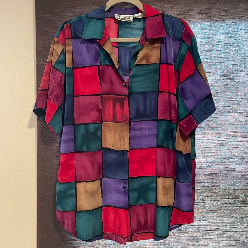 Le Caviar Multi-Color Short-Sleeve Button Down Top